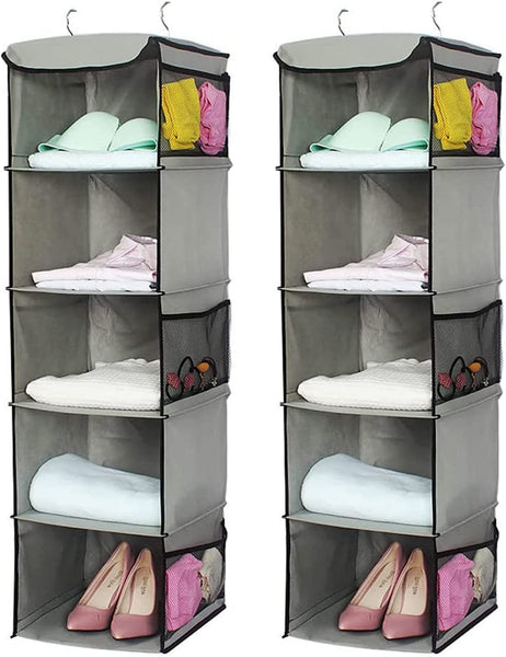 2 Pack 5 Foldable Shelf Hanging Closet Organizer Space Saver With Side Accessories Pockets For Clothes Storage Closet Organisers