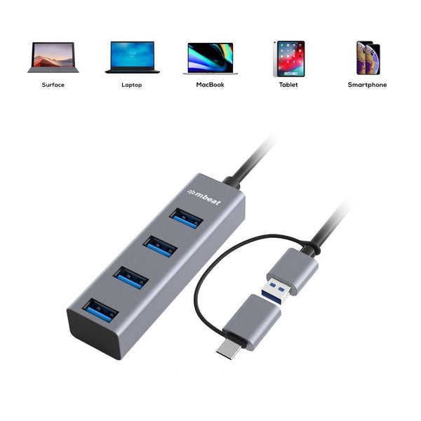 Mbeat 4-Port Usb 3.0 Hub With 2-In-1 & Usb-C Converter Space Grey