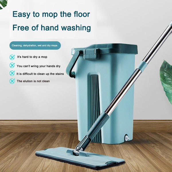 Wet Dry Flat Mop And Bucket Floor Cleaner Set With 2 Pads