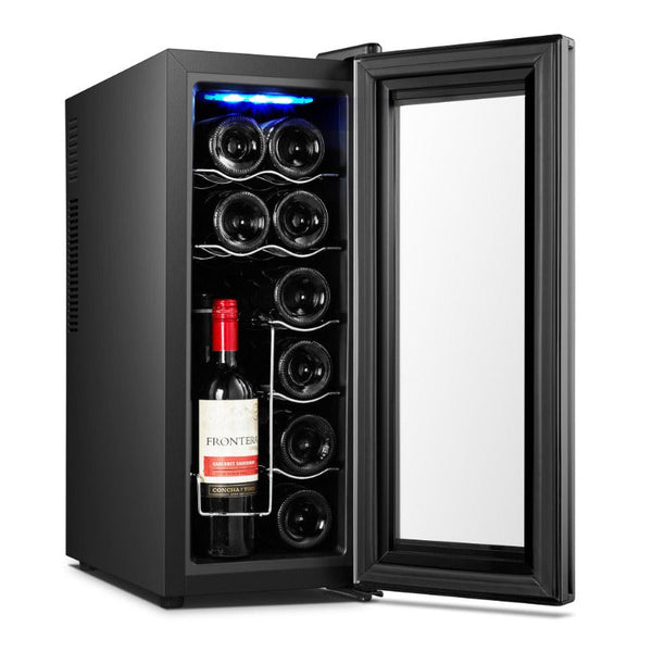 12 Bottle Wine Cellar Fridge W/ Glass Door, Temperature Control & Cooler
