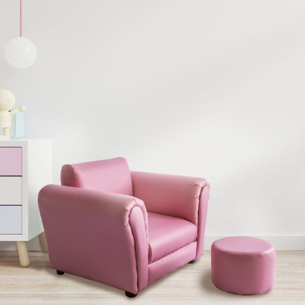 Kids Pink Couch Sofa Chair W/ Footstool In Pu Leather