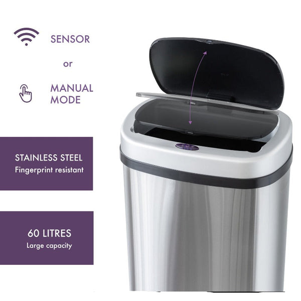 Healthy Choice 60L Stainless Steel Motion Sensor Rubbish Bin Rubbish Bins
