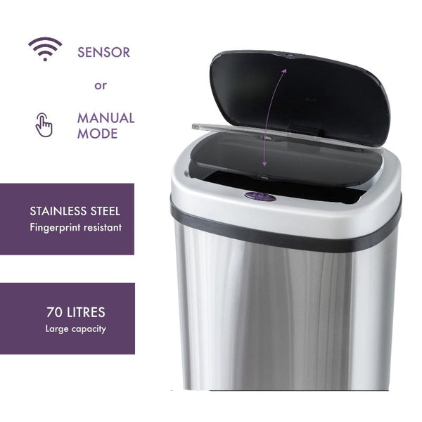 Healthy Choice 70L Stainless Steel Motion Sensor Rubbish Bin Rubbish Bins