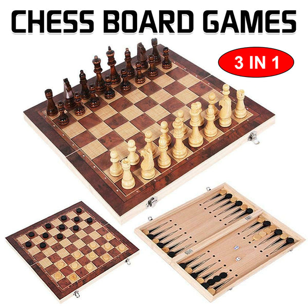 3 In 1 Wooden Chess Set Folding Chessboard Pieces Draughts Backgammon Toy