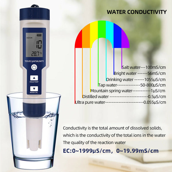 5 In 1 Digital Water Quality Tester Waterproof Ph Tds Ec Temperature Meter Pool Pool Water Testing & Kits