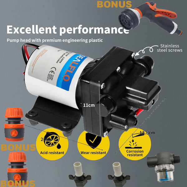 12V Sealflo Water Pump High Pressure Self Priming Rv Camping Boat 70Psi 11.3L/M Water Filters