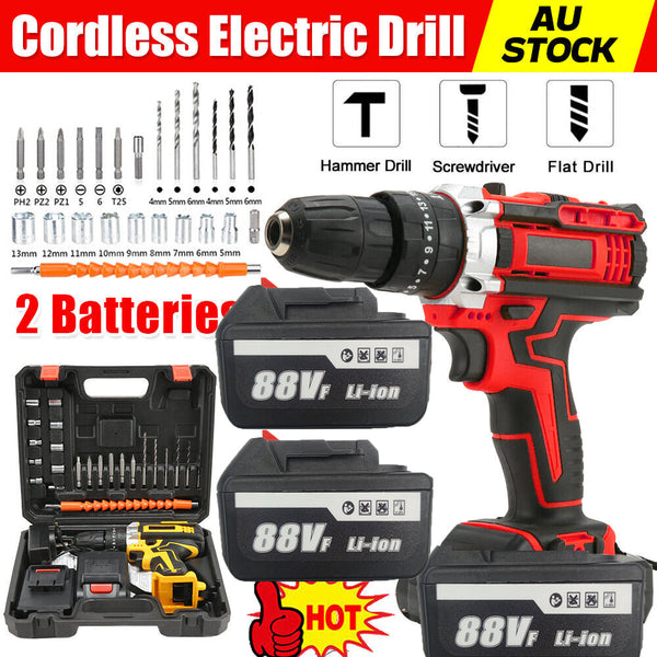 Cordless Drill W/2 Battery Heavy Duty Impact Driver Kit Brushless Hammer Set 88V Cordless Drills