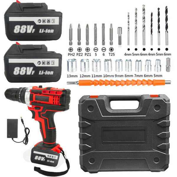 Cordless Drill W/2 Battery Heavy Duty Impact Driver Kit Brushless Hammer Set 88V Cordless Drills