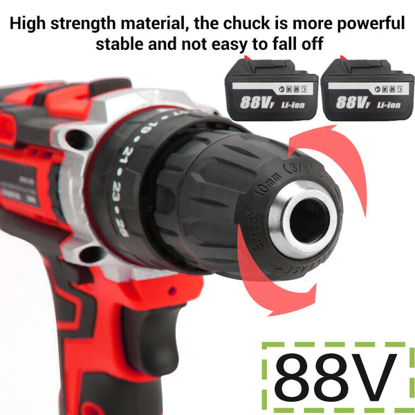 Cordless Drill W/2 Battery Heavy Duty Impact Driver Kit Brushless Hammer Set 88V Cordless Drills