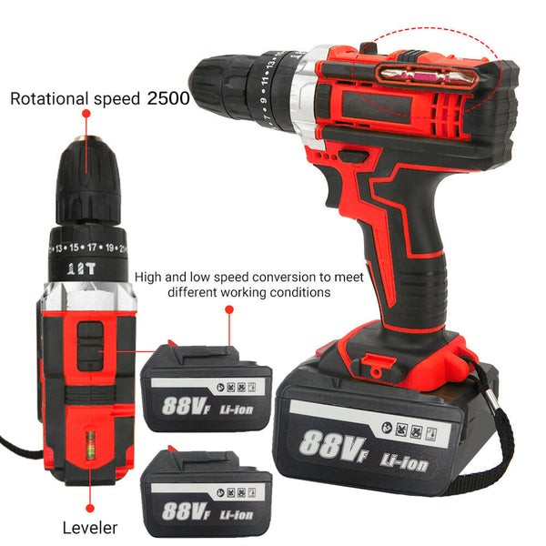 Cordless Drill W/2 Battery Heavy Duty Impact Driver Kit Brushless Hammer Set 88V Cordless Drills