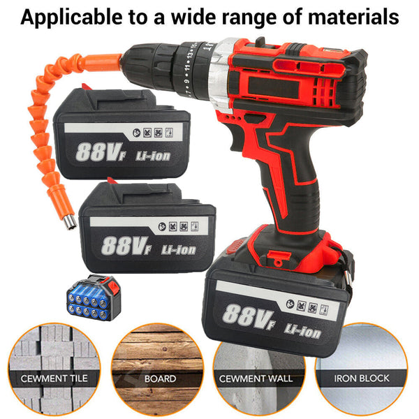 Cordless Drill W/2 Battery Heavy Duty Impact Driver Kit Brushless Hammer Set 88V Cordless Drills