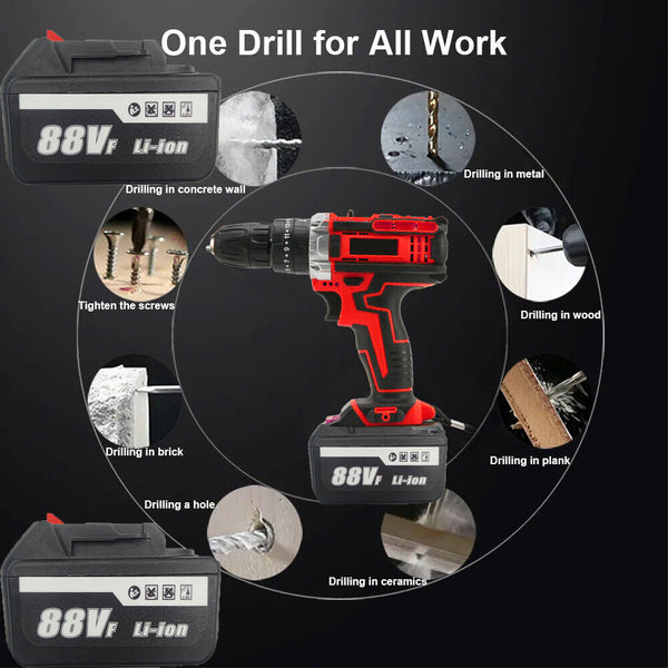 Cordless Drill W/2 Battery Heavy Duty Impact Driver Kit Brushless Hammer Set 88V Cordless Drills