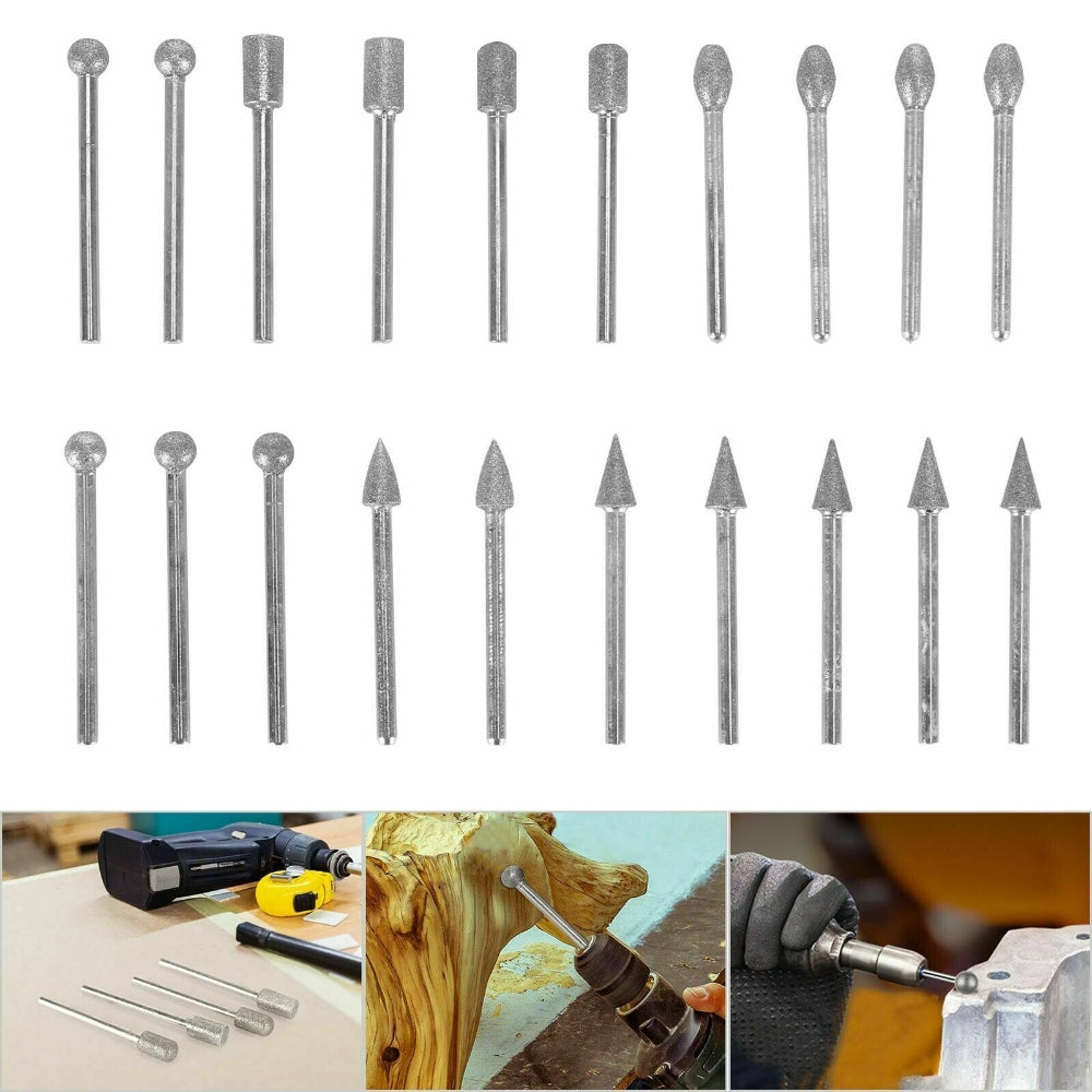 20Pcs Diamond Grinding Heads Mini Drill Burrs Bit Set 3Mm Shank For Rotary Tool Drill Bits