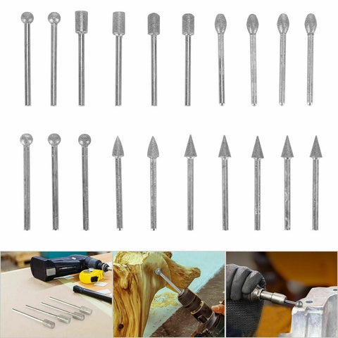 20Pcs Diamond Grinding Heads Mini Drill Burrs Bit Set 3Mm Shank For Rotary Tool Drill Bits