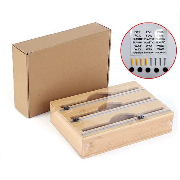 3 Grids Bamboo Food Wrap Dispenser Cutter Foil Cling Film Storage Holder Box Kitchen Cling Film Foil & Food Wraps