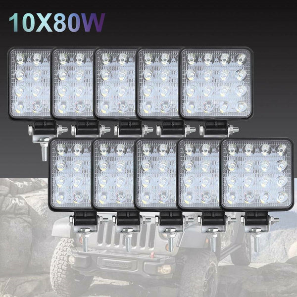 10Pcs 80W Cree Flood Led Work Lights 12V Boat Camping Square 4Inch Bar Torches & Work Lights
