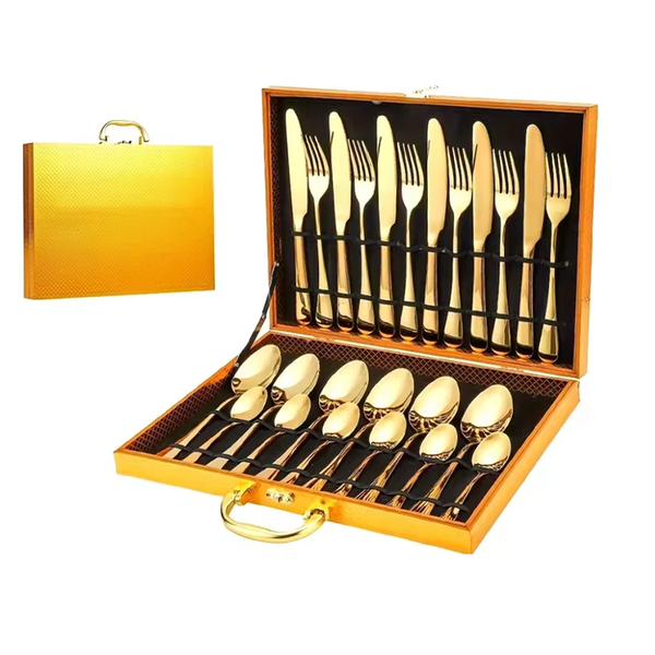 24Pc Elegant Stainless Steel Gold Flatware Set Classic Knife Fork Spoon Gift Cutlery Sets