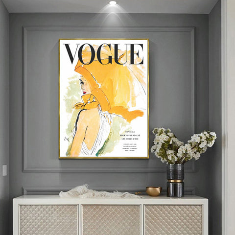60Cmx90cm Vogue Girl Gold Frame Canvas Wall Art