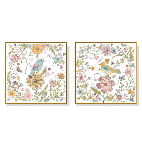 50Cmx50cm Floral Birds 2 Sets Gold Frame Canvas Wall Art