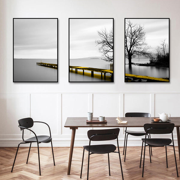 Wall Art 50Cmx70cm Calm Lake Bridge Tree Scene 3 Sets Black Frame Canvas