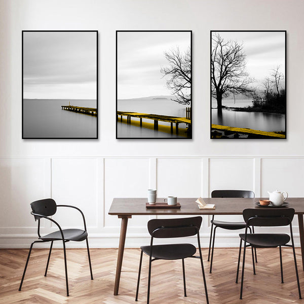 Artime Wall 50Cmx70cm Calm Lake Bridge Tree Scene 3 Sets Black Frame Canvas Posters & Prints