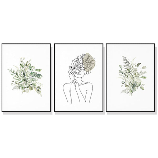 Artime Wall 40Cmx60cm Botanical Line Girl 3 Sets Black Frame Canvas Posters & Prints