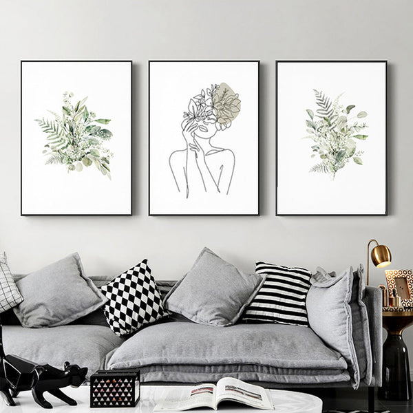 Artime Wall 40Cmx60cm Botanical Line Girl 3 Sets Black Frame Canvas Posters & Prints