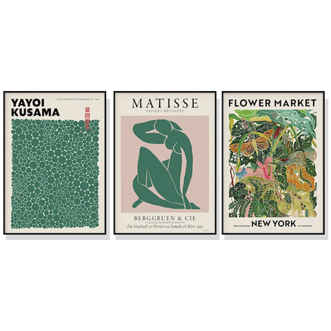 Wall Art 50Cmx70cm Flower Market, Matisse Print, Yayoi Kusama 3 Sets Black Frame Canvas