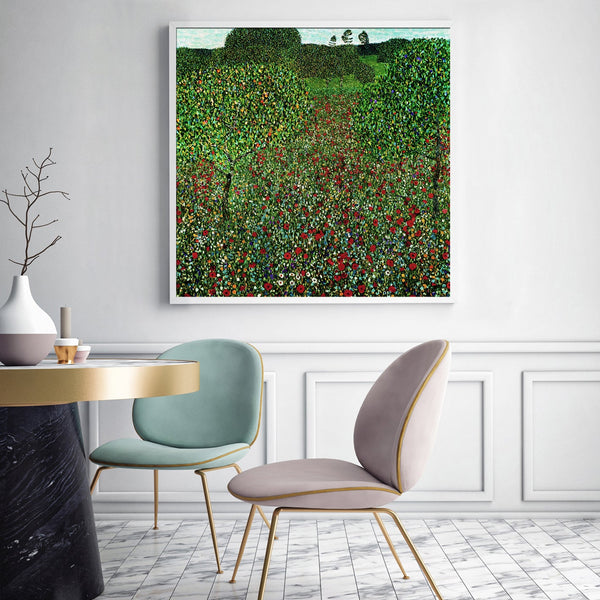 Wall Art 80Cmx80cm Field Of Poppies By Gustav Klimt White Frame Canvas
