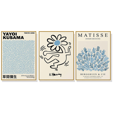 Wall Art 60Cmx90cm Blue Matisse,Yayoi Kusama, Keith Haring Mix 3 Sets Gold Frame Canvas