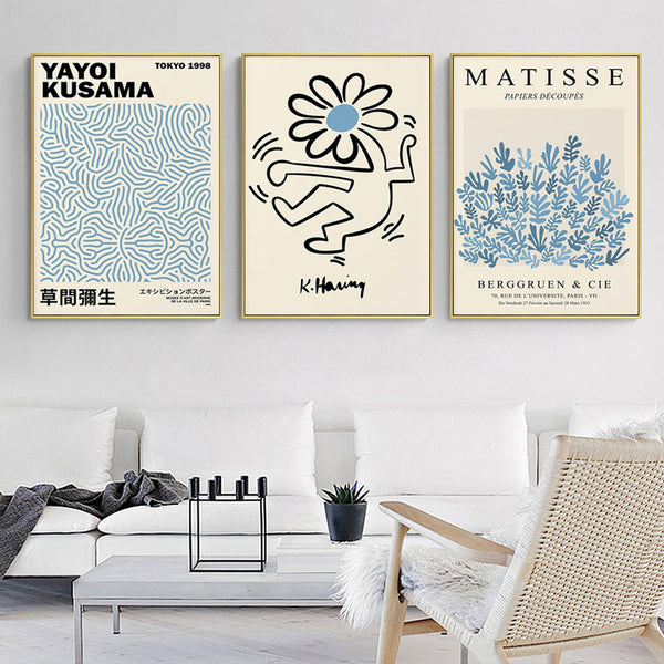 Wall Art 60Cmx90cm Blue Matisse,Yayoi Kusama, Keith Haring Mix 3 Sets Gold Frame Canvas