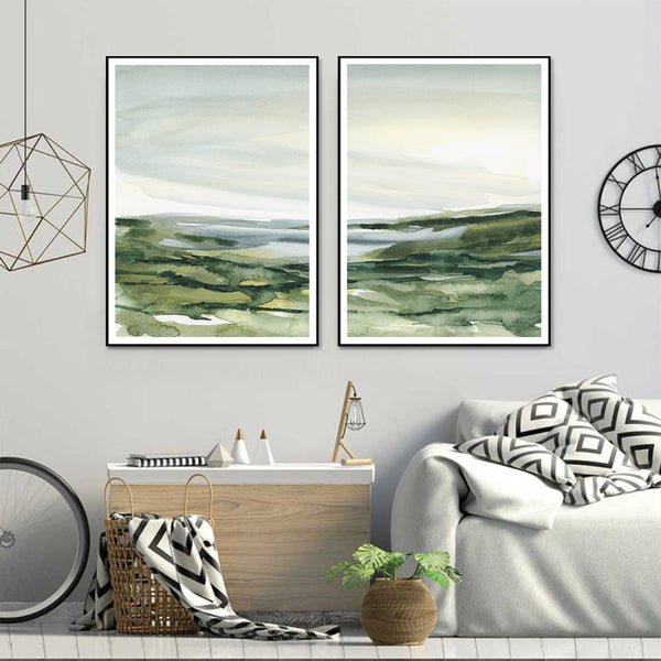 Wall Art 50Cmx70cm Watercolor Landscape 2 Sets Black Frame Canvas