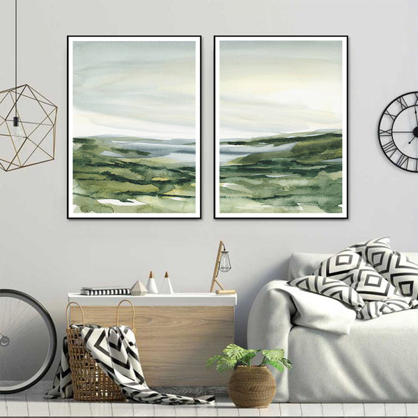 70Cmx100cm Watercolor Landscape 2 Sets Black Frame Canvas Wall Art