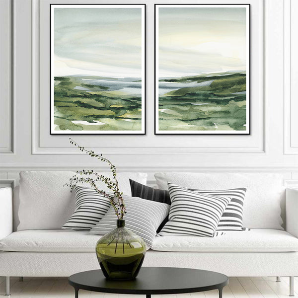 70Cmx100cm Watercolor Landscape 2 Sets Black Frame Canvas Wall Art