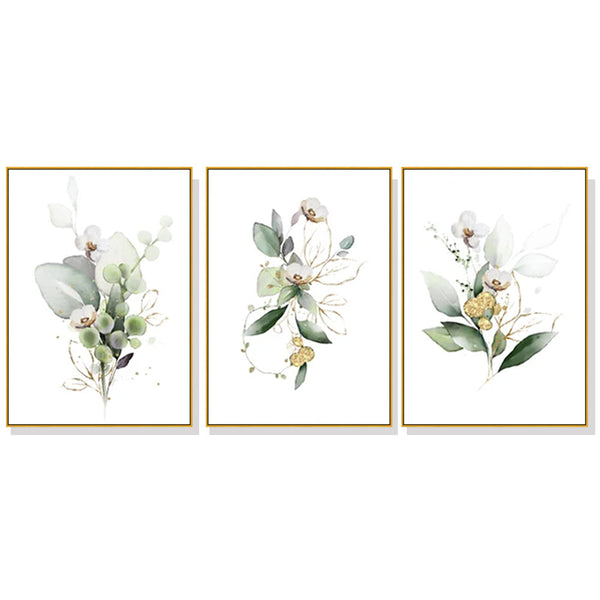 Wall Art 50Cmx70cm Green And Gold Watercolor Botanical 3 Sets Frame Canvas