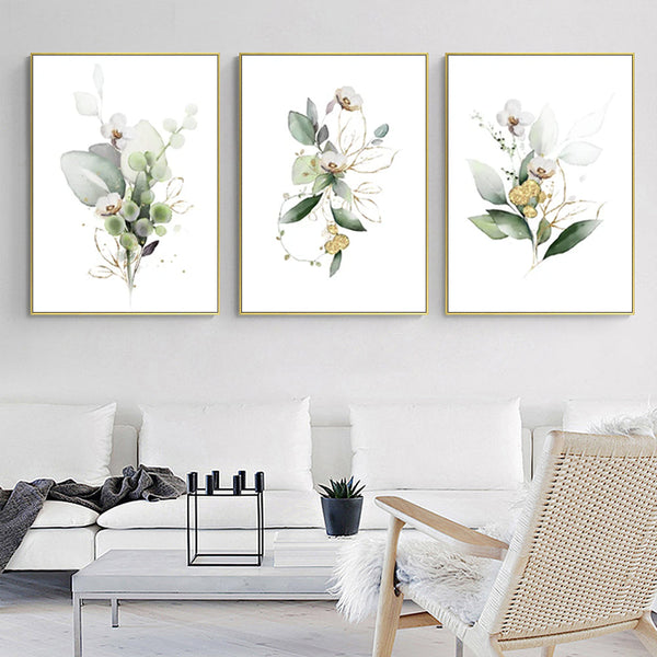 Wall Art 50Cmx70cm Green And Gold Watercolor Botanical 3 Sets Frame Canvas