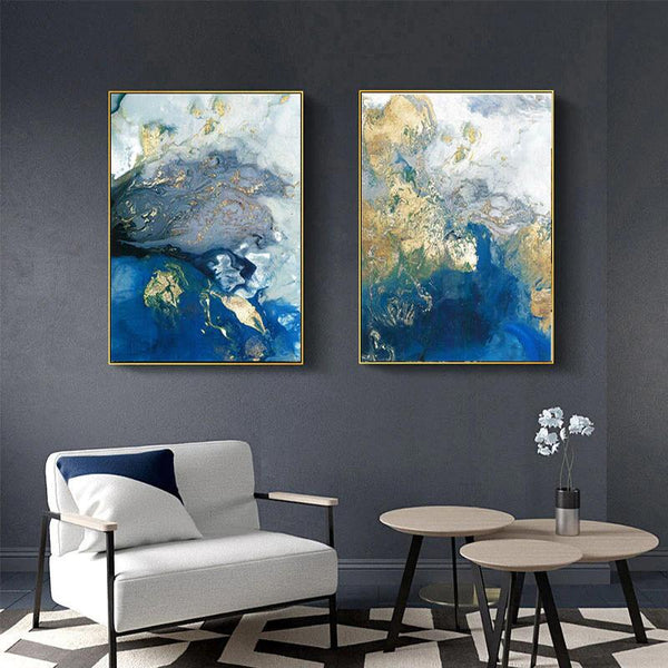 Wall Art 50Cmx70cm Marbled Blue And Gold 2 Sets Frame Canvas