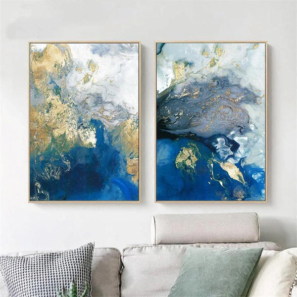 Wall Art 60Cmx90cm Marbled Blue And Gold 2 Sets Frame Canvas