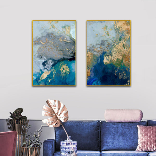 Wall Art 70Cmx100cm Marbled Blue And Gold 2 Sets Frame Canvas