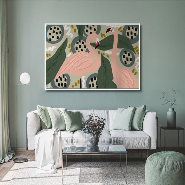 Wall Art 90Cmx135cm Flamingo White Frame Canvas