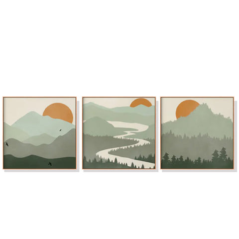 Wall Art 50Cmx50cm Sage Green Landscapes 3 Sets Wood Frame Canvas