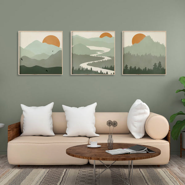 Artime Wall 60Cmx60cm Sage Green Landscapes 3 Sets Wood Frame Canvas Posters & Prints