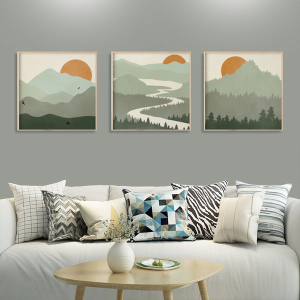 Artime Wall 70Cmx70cm Sage Green Landscapes 3 Sets Wood Frame Canvas Posters & Prints