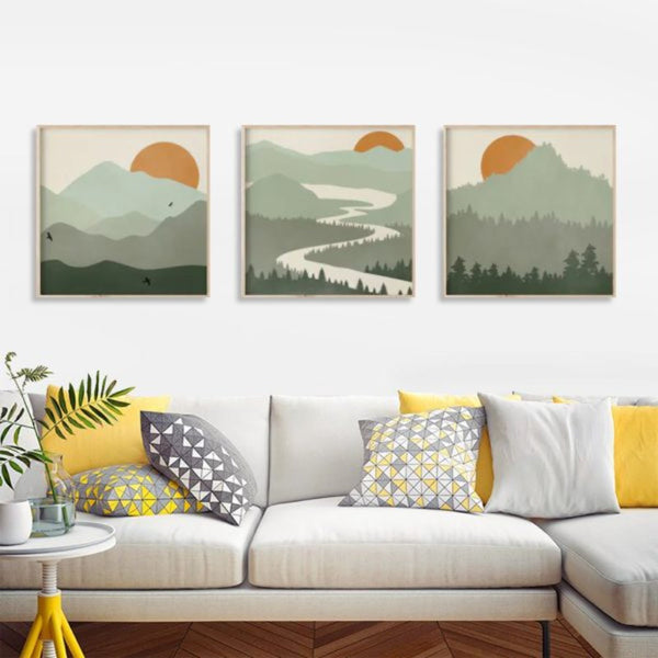 Artime Wall 70Cmx70cm Sage Green Landscapes 3 Sets Wood Frame Canvas Posters & Prints