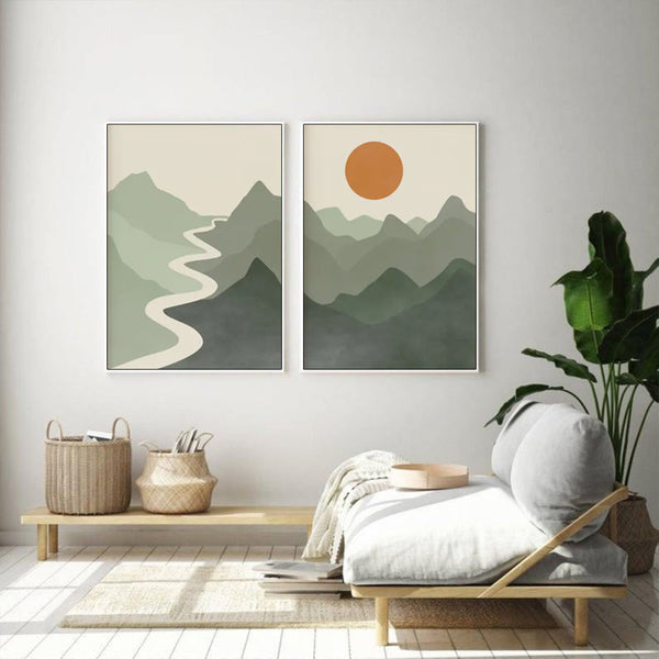 Wall Art 50Cmx70cm Sage Green River Mountain 2 Sets White Frame Canvas