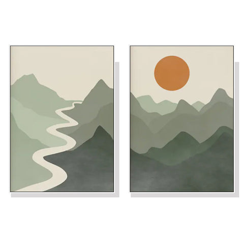 Artime Wall 70Cmx100cm Sage Green River Mountain 2 Sets White Frame Canvas Posters & Prints