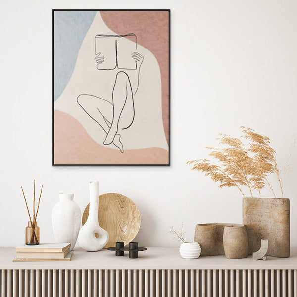 Artime Wall 90Cmx135cm Woman Reading Book Black Frame Canvas Posters & Prints