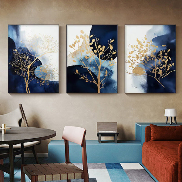 Artime Wall 40Cmx60cm Navy And Gold Watercolor Shapes 3 Sets Black Frame Canvas Posters & Prints
