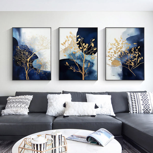 Wall Art 40Cmx60cm Navy And Gold Watercolor Shapes 3 Sets Black Frame Canvas