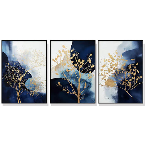 Artime Wall 80Cmx120cm Navy And Gold Watercolor Shapes 3 Sets Black Frame Canvas Posters & Prints